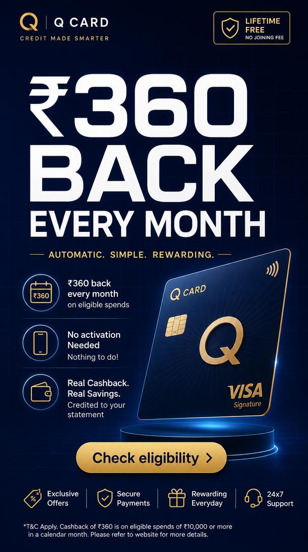 Instagram Reel end-frame for the Q Cashback Card reading 360 rupees back every month