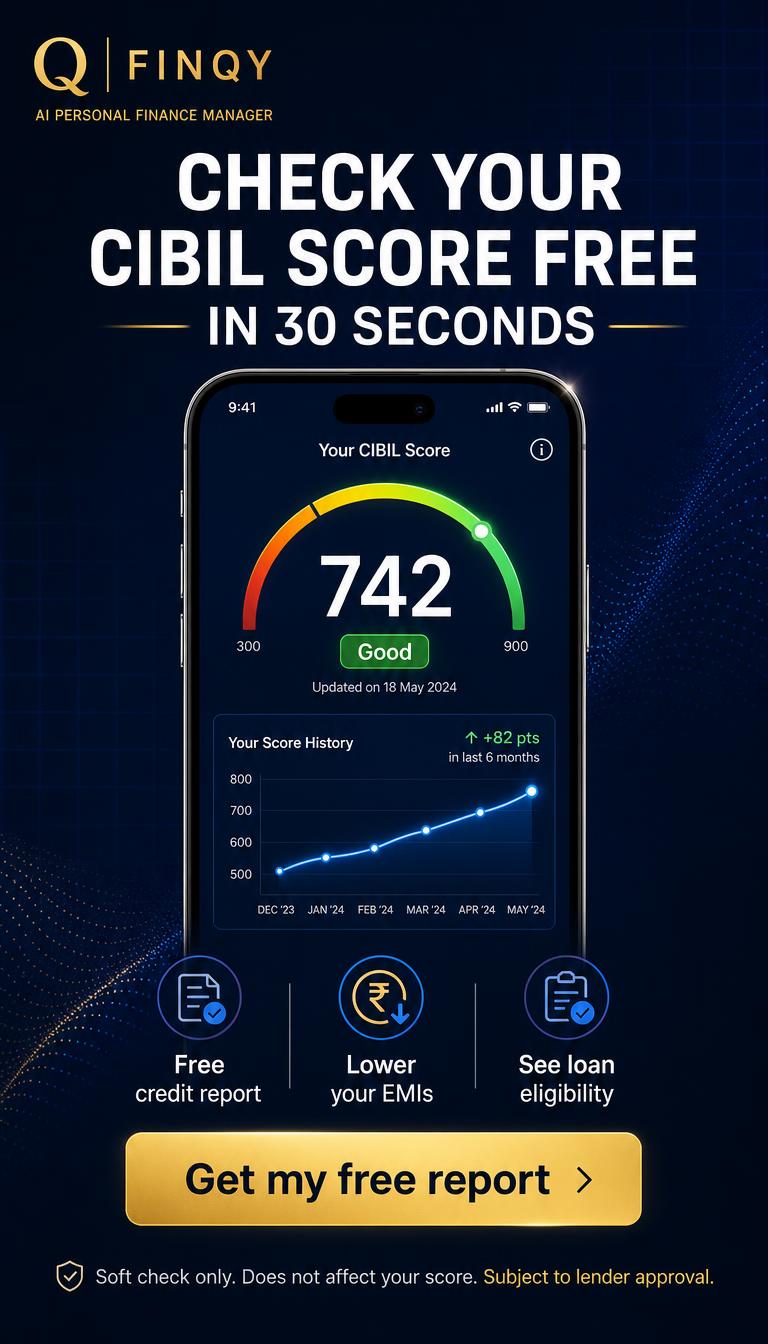 Instagram Reel end-frame showing a CIBIL score gauge climbing and an EMI figure dropping from 42,000 to 30,800 rupees